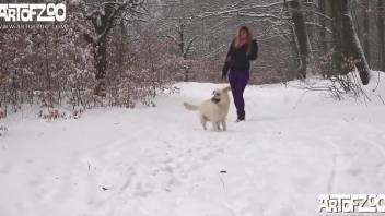 Outdoor fun with the dog in scenes of winter zoophilia
