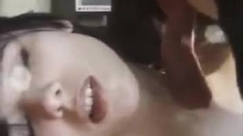 Dark-haired babe savoring messy blowjob with a hot pooch