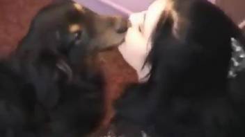 Dark hair hottie puts that dog dick in her mouth