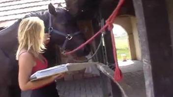Blonde hottie plays with the horse cock like a whore