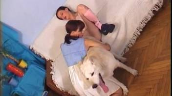 Red-haired bestiality lover assists her female friend in getting screwed